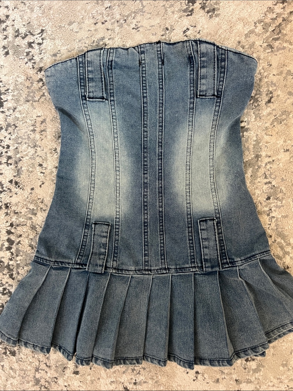Y2K Acid Wash Denim Corset Mini Dress Pleated Skater Sz S - Picture 1 of 7